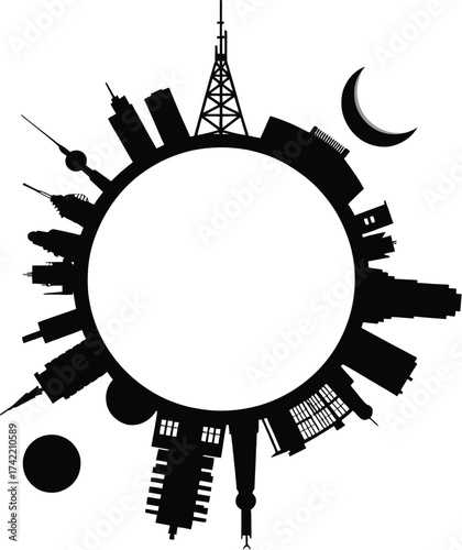 Circular city skyline silhouette with moon and planets, representing global urban life