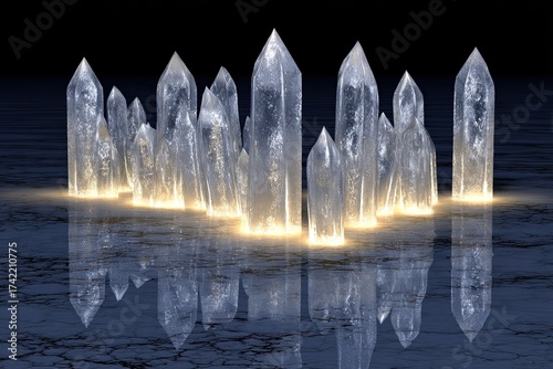 Crystal cluster with glowing base reflected on surface