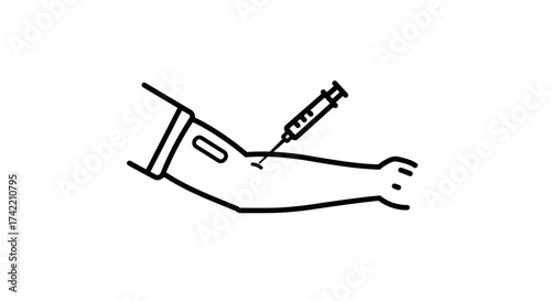 Simple line art illustration of an arm receiving a medical injection with a syringe.