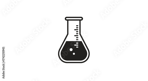 Laboratory flask icon with liquid and bubbles science experiment symbol.