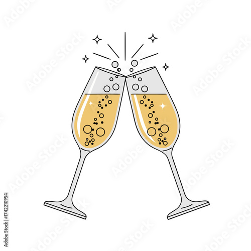 Vector illustration of two champagne glasses clinking together with sparkling bubbles, elegant celebration design for New Year or wedding party
