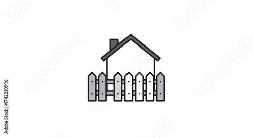 Minimalist house icon with picket fence graphic illustration.