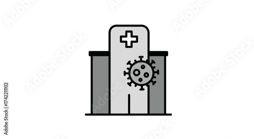 Hospital building with medical cross and coronavirus icon representing healthcare and pandemic.