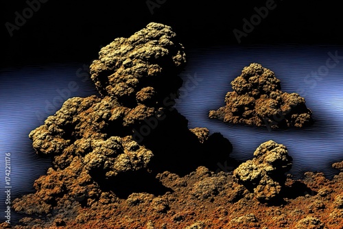 Fractal rock formations float over a wavy blue plane, under a dark sky
