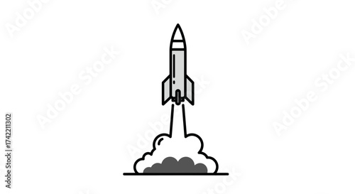 Simple line art illustration of a rocket taking off with smoke.
