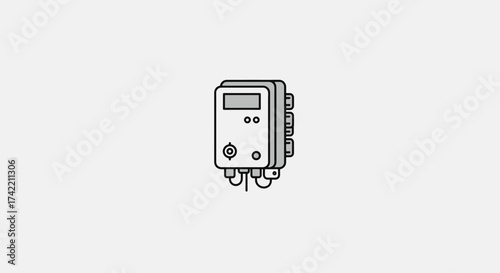 Minimalist line art illustration of a modern tankless water heater appliance.