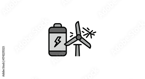 Renewable Energy Concept with Wind Turbine and Battery Storage Icon.