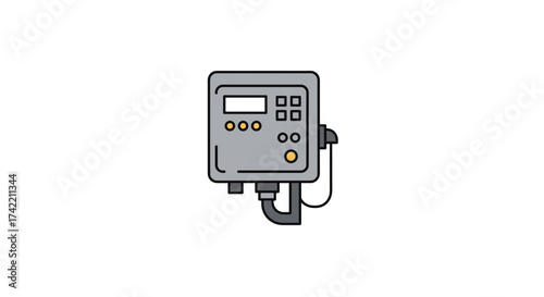 Flat design illustration of a grey electronic control panel with buttons and screen.