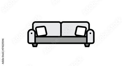 Modern twoseater sofa with pillows icon illustration.