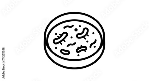 Petri dish with microorganisms outline icon for scientific research.