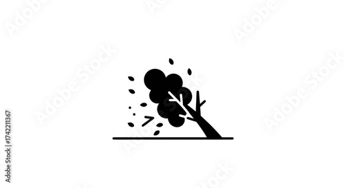Tree in strong wind with leaves blowing away icon.