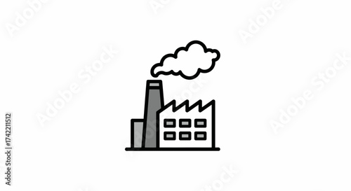 Industrial factory building with smokestack emitting smoke icon illustration.