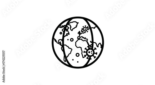 Global pandemic illustration depicting Earth with coronavirus symbols spreading worldwide.