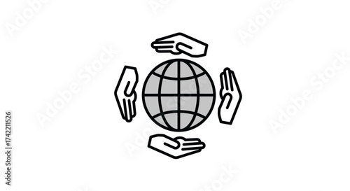 Global cooperation icon with hands surrounding the earth symbol.