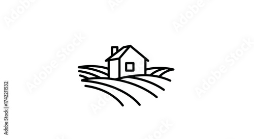 Minimalist line art house on rolling fields icon.