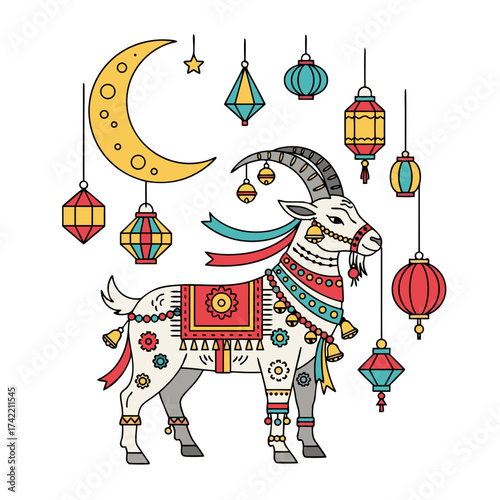 Decorated goat vector illustration for Eid al-Adha festival, traditional Islamic artwork symbolizing sacrifice, devotion, and blessings