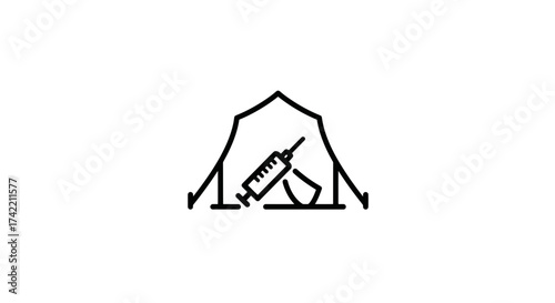 Medical tent with syringe icon representing vaccination camp or temporary healthcare facility.