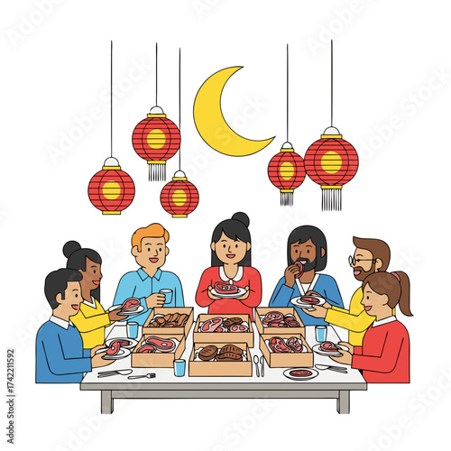 Group of people enjoying iftar dinner together during Ramadan, vector illustration of Muslim family and friends breaking fast under moon and lanterns