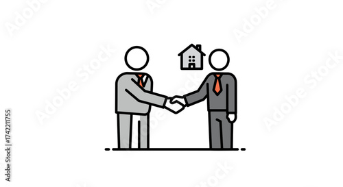 Businessmen shaking hands over a house icon representing a real estate deal or property agreement.