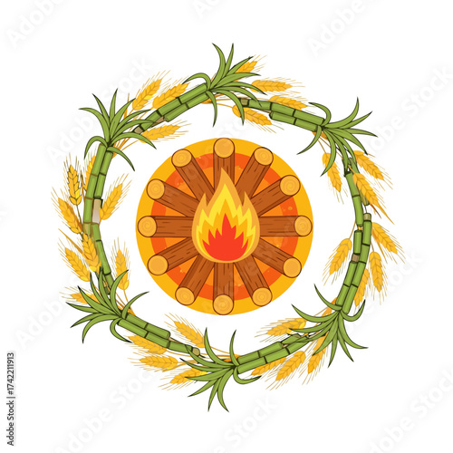 Lohri festival bonfire surrounded by sugarcane stalks, vector illustration representing harvest, warmth, and Punjabi cultural tradition