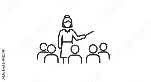 Teacher presenting to students educational seminar or meeting icon.