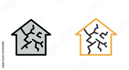 Cracked house icon representing damaged building structure and property issues.