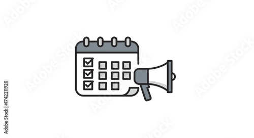 Calendar with Megaphone Icon for Event Announcement and Schedule Reminder.