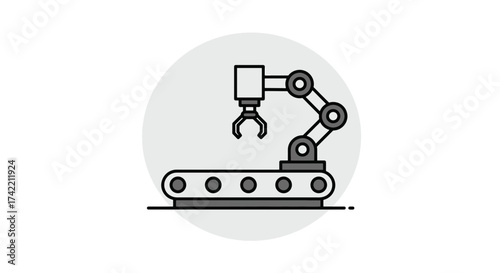 Robotic arm and conveyor belt automation system icon.