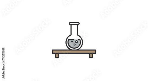 Laboratory flask with bubbling liquid on a wooden stand icon.