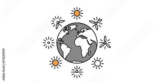 Global Renewable Energy Concept with Earth Solar and Wind Power Icons.