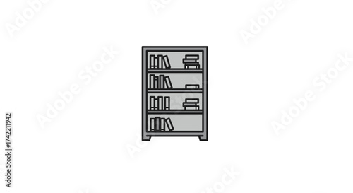 Simple illustration of a bookshelf filled with various books.