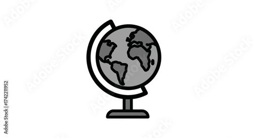 Simple grayscale world globe illustration on a stand representing geography and education.