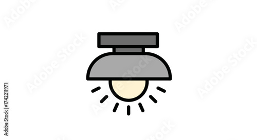 Ceiling light fixture icon with glowing bulb and light rays.