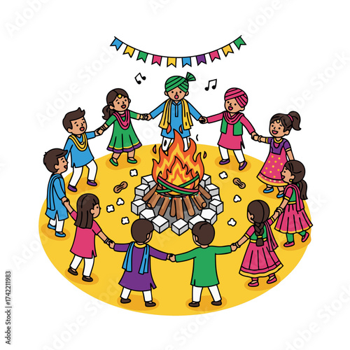 Vector illustration of children dancing around Lohri bonfire, joyful Indian harvest festival celebration symbolizing warmth, unity, and happiness