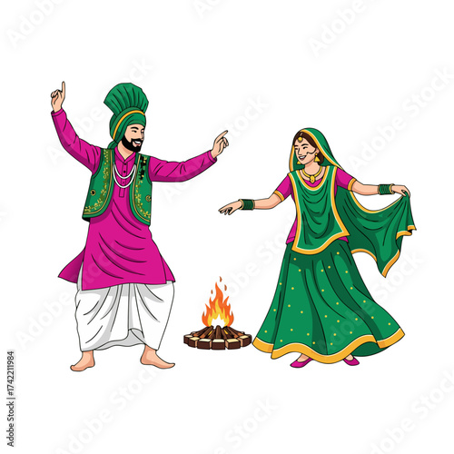 Punjabi couple dancing Bhangra near bonfire, vector illustration of traditional Indian Lohri celebration with vibrant costumes and joyful energy