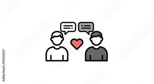 Two people communicating with heart icon symbolizing love and connection.
