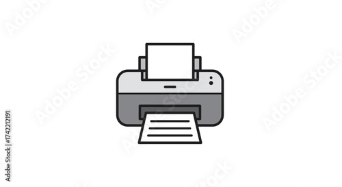 Modern printer icon with paper output technology and office equipment symbol.