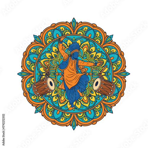Mandala art of Lord Krishna playing drum in colorful vector illustration, traditional Hindu artwork representing divinity, music, and Indian spirituality