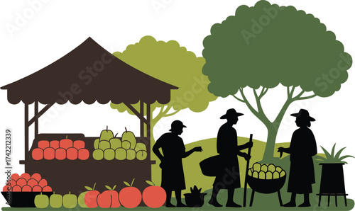 Farmers selling fresh produce at a rural market stall under a large tree silhouette