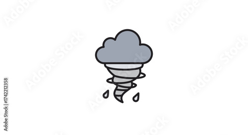 Cartoon Tornado Icon with Cloud and Raindrops Vector Illustration.