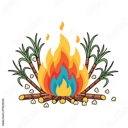 Vector illustration of Lohri festival bonfire with sugarcane and sesame treats, traditional Punjabi harvest celebration symbolizing warmth and prosperity
