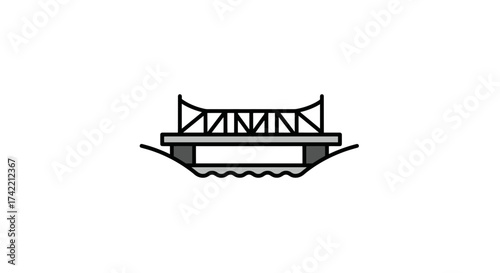 Simple line art illustration of a bridge spanning over water featuring a truss design.
