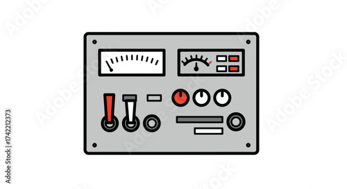Vintage electronic control panel with analog gauges and toggle switches a classic industrial interface.