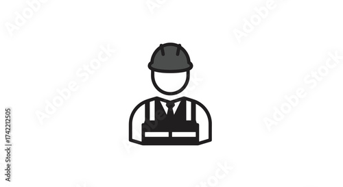 Construction worker icon wearing hard hat and safety vest.