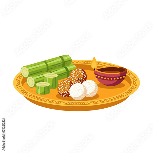 Vector illustration of Indian sweets and sugarcane on golden plate, festive food for Pongal and harvest celebration representing prosperity and abundance