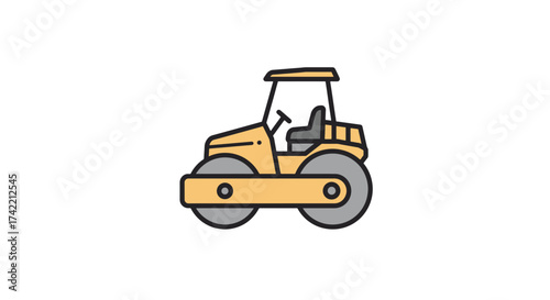 Cartoon Road Roller Construction Vehicle Icon Illustration for Infrastructure Projects.