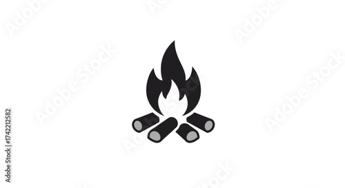 Simple black and grey campfire icon with burning logs vector illustration.