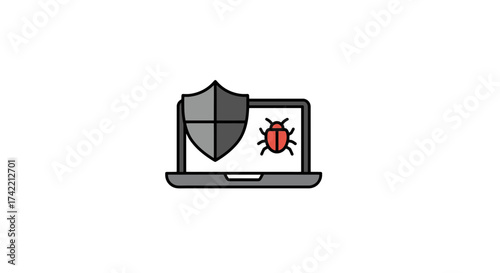 Laptop with shield and bug icon representing cybersecurity and antivirus protection.