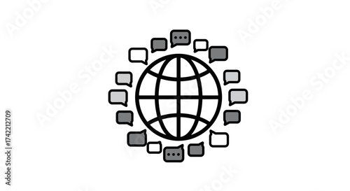 Global communication network with speech bubbles around a world globe icon.