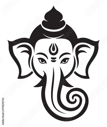 Stylized black and white illustration of Ganesha's head, a Hindu deity with an elephant face and curled trunk.